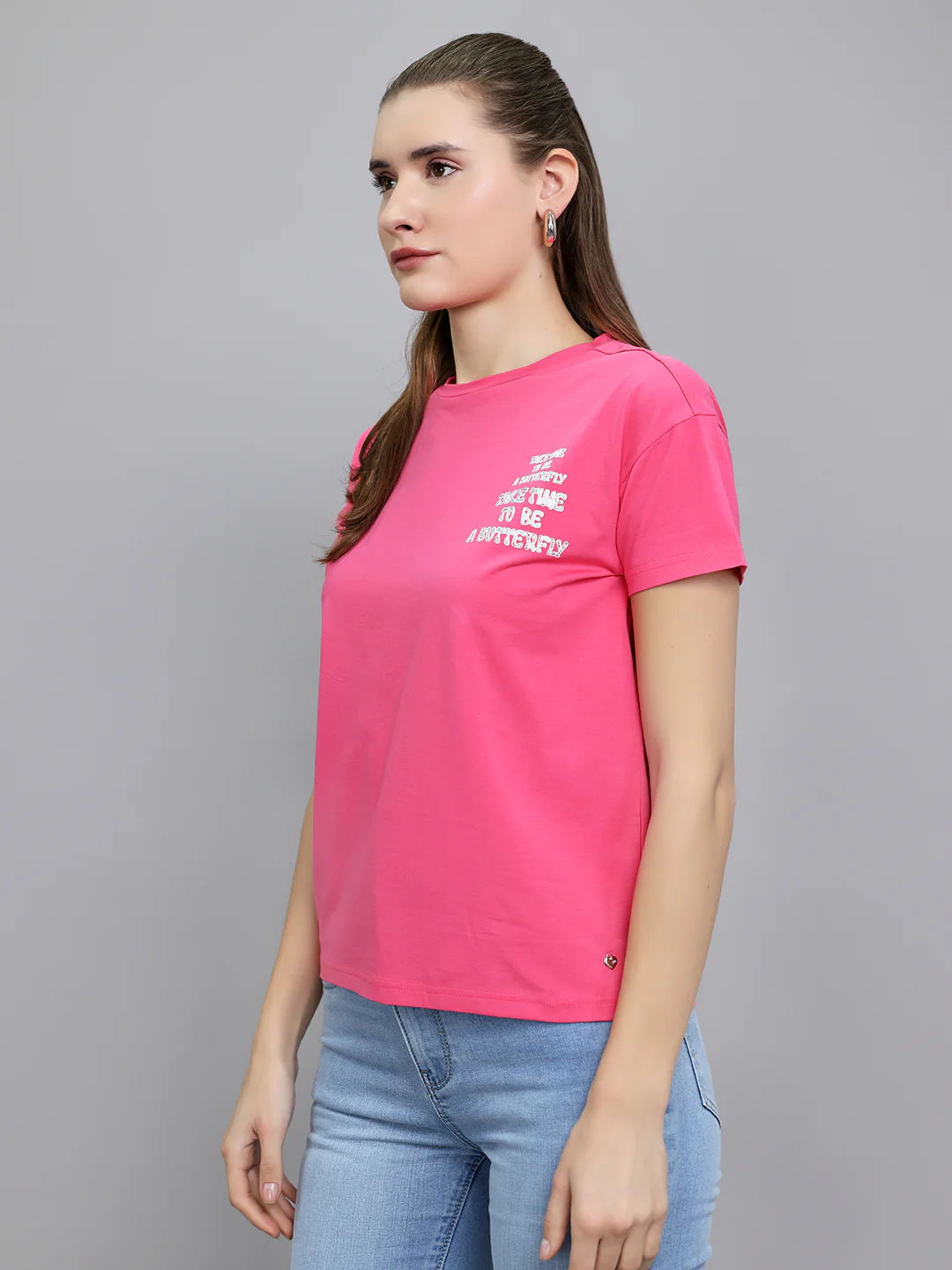 Women Magenta Printed Round Neck Half Sleeve Top - Image 2