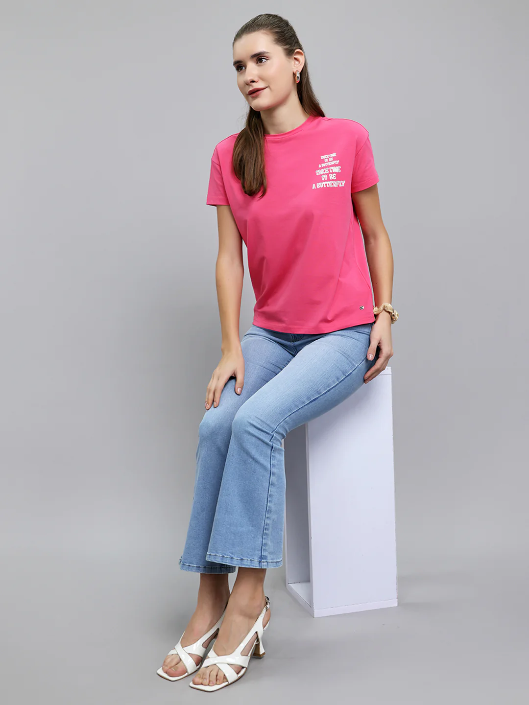 Women Magenta Printed Round Neck Half Sleeve Top - Image 6