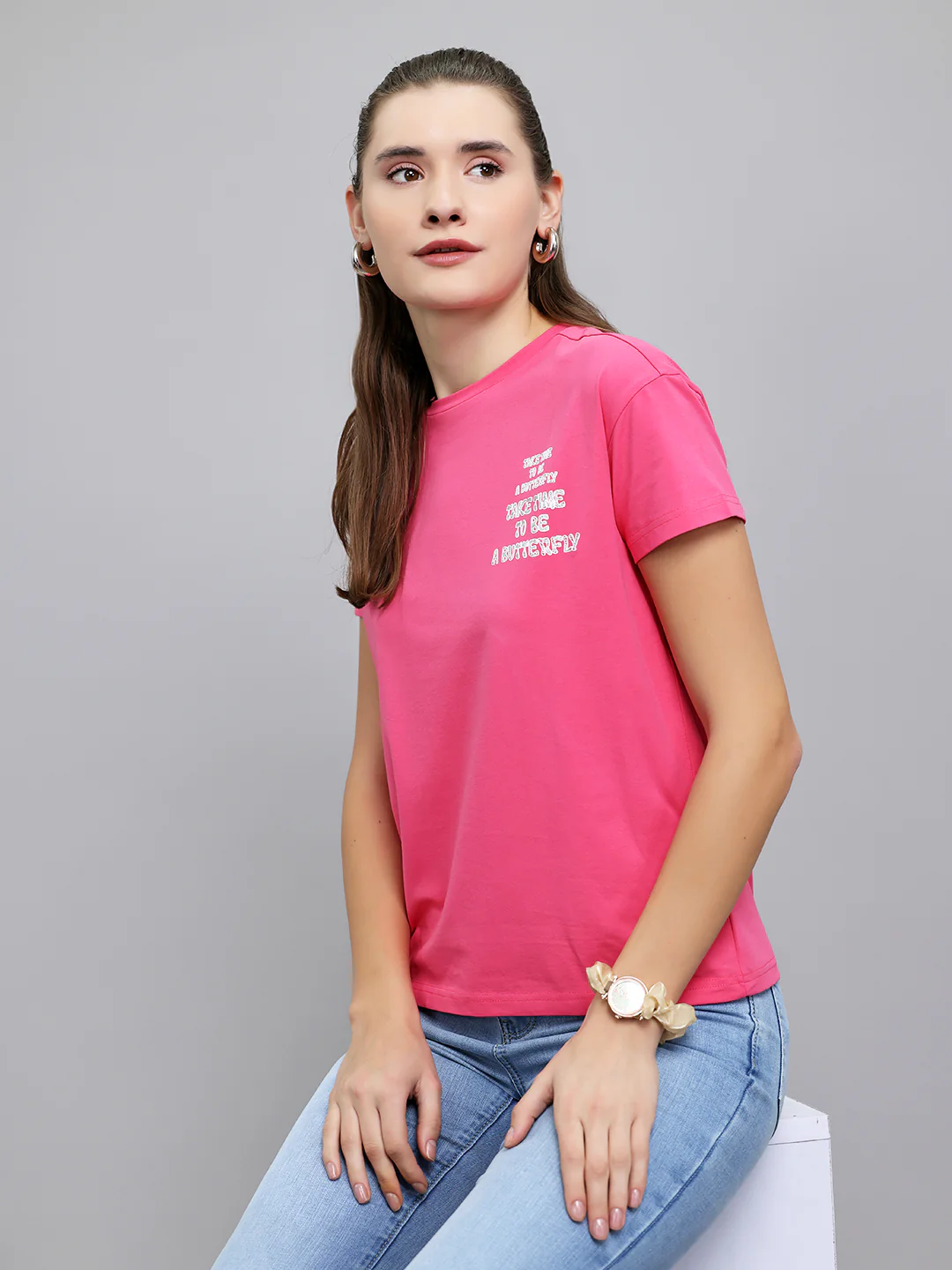 Women Magenta Printed Round Neck Half Sleeve Top - Image 7