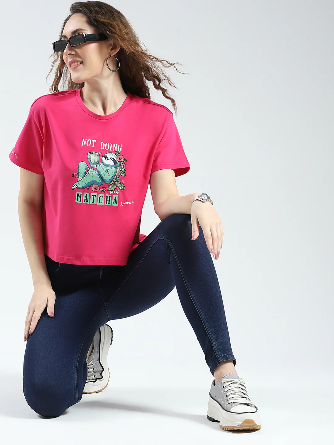 Women Magenta Printed Round Neck Half Sleeve Top - Image 2