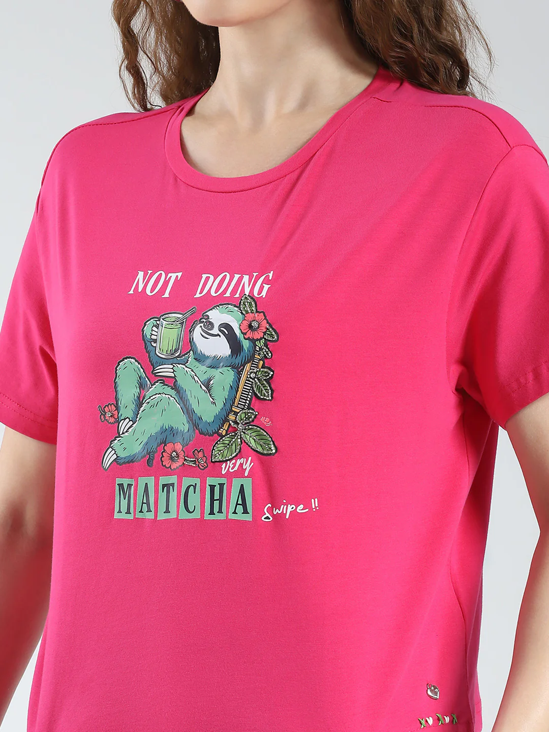 Women Magenta Printed Round Neck Half Sleeve Top - Image 7