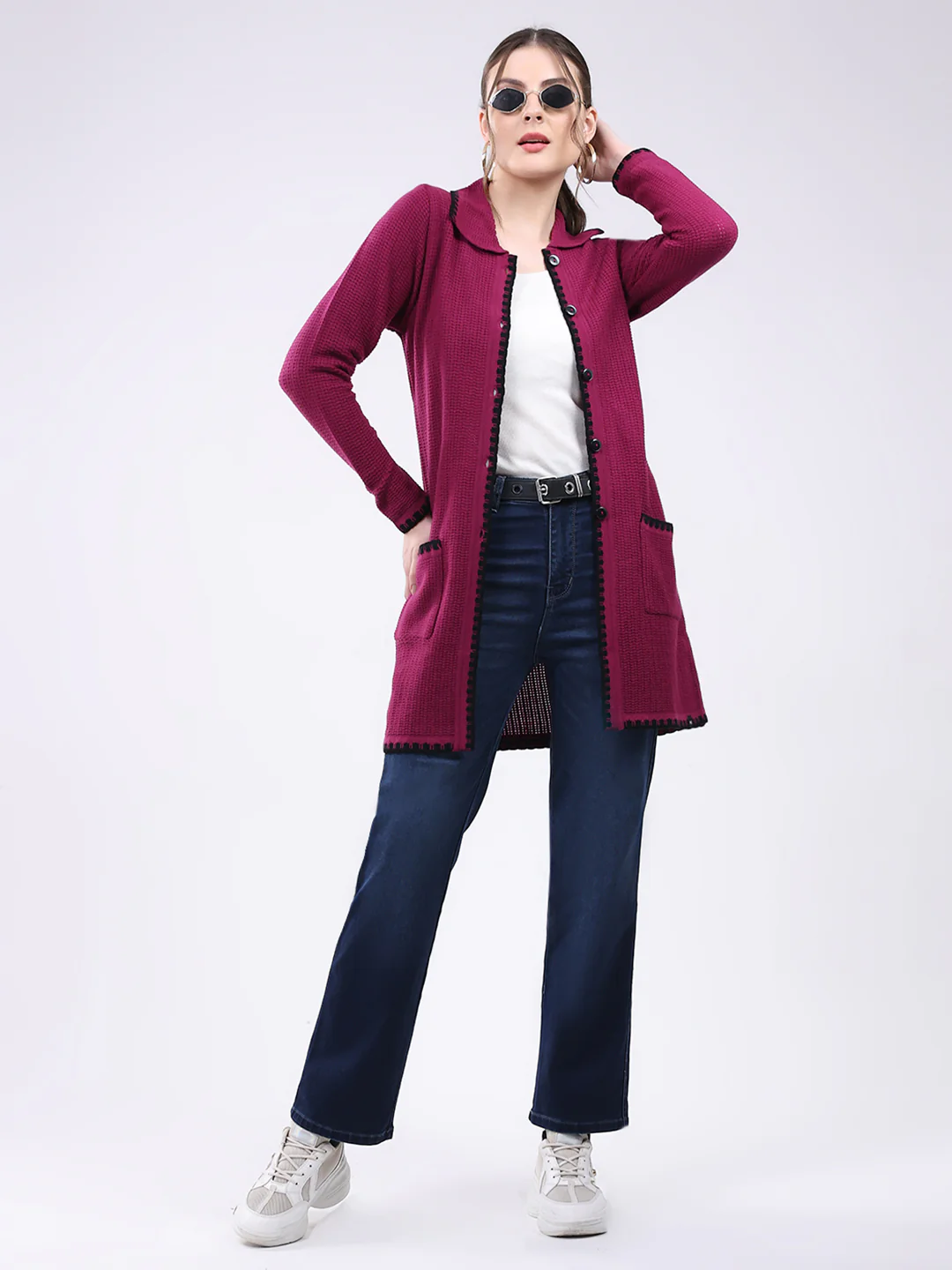 Women Magenta Self Design Collar Full Sleeve Cardigan - Image 2