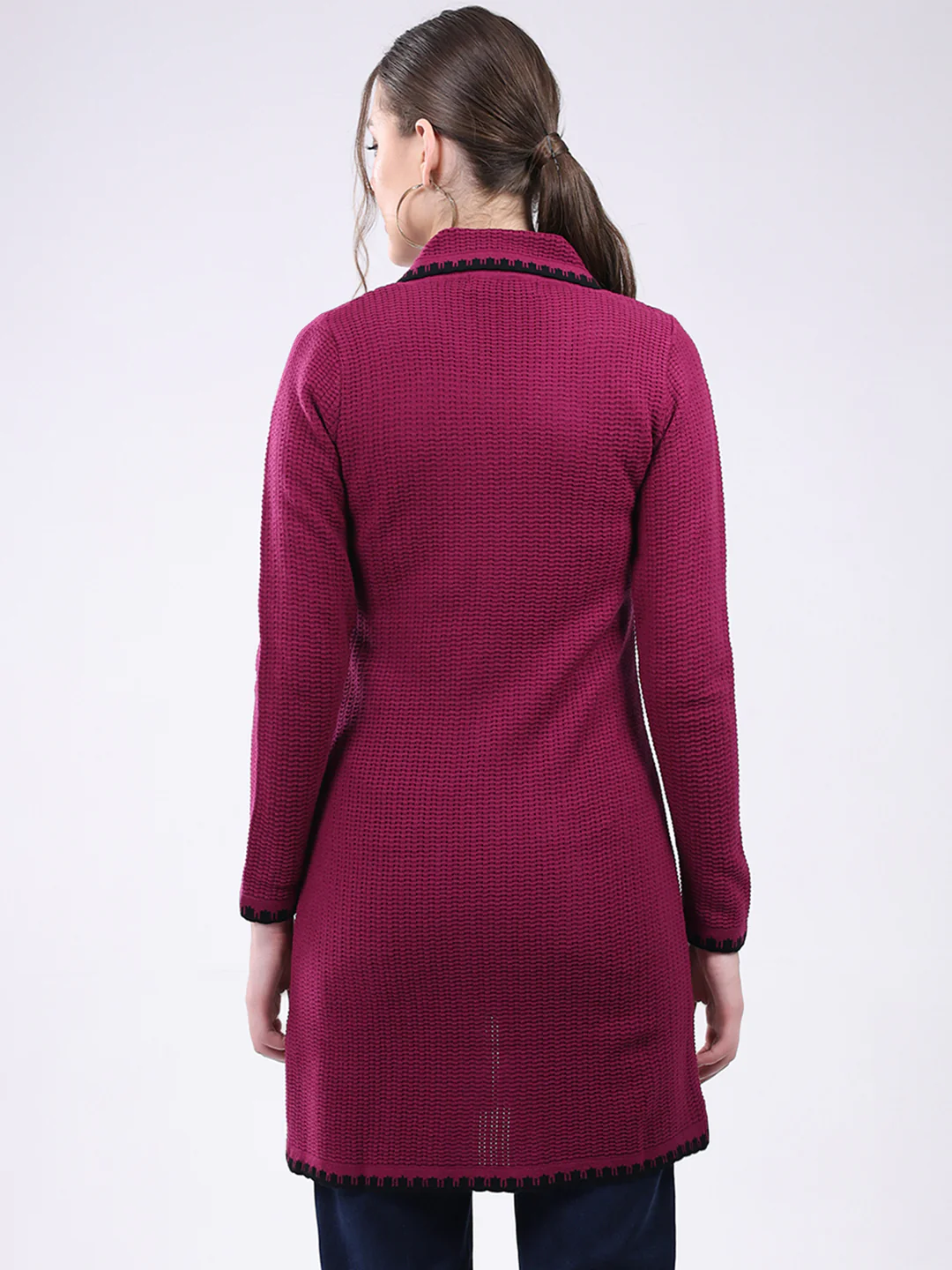 Women Magenta Self Design Collar Full Sleeve Cardigan - Image 5
