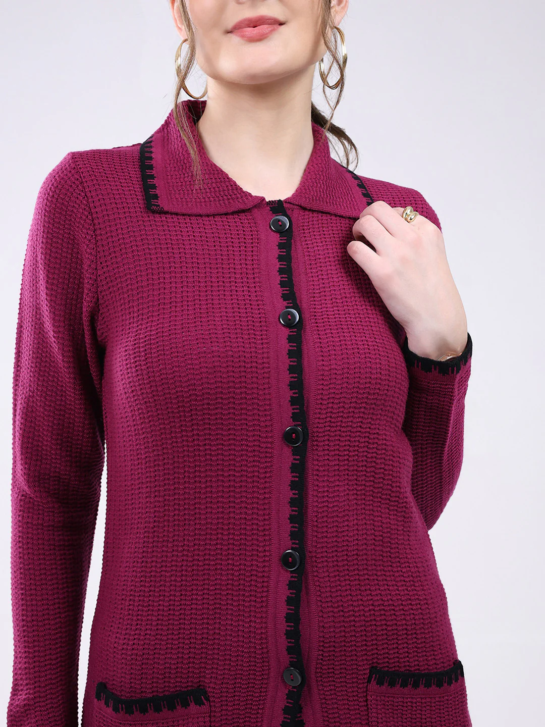 Women Magenta Self Design Collar Full Sleeve Cardigan - Image 6