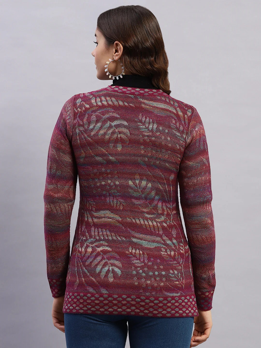 Women Magenta Self Design Round Neck Sleeveless Cardigan - Image 4