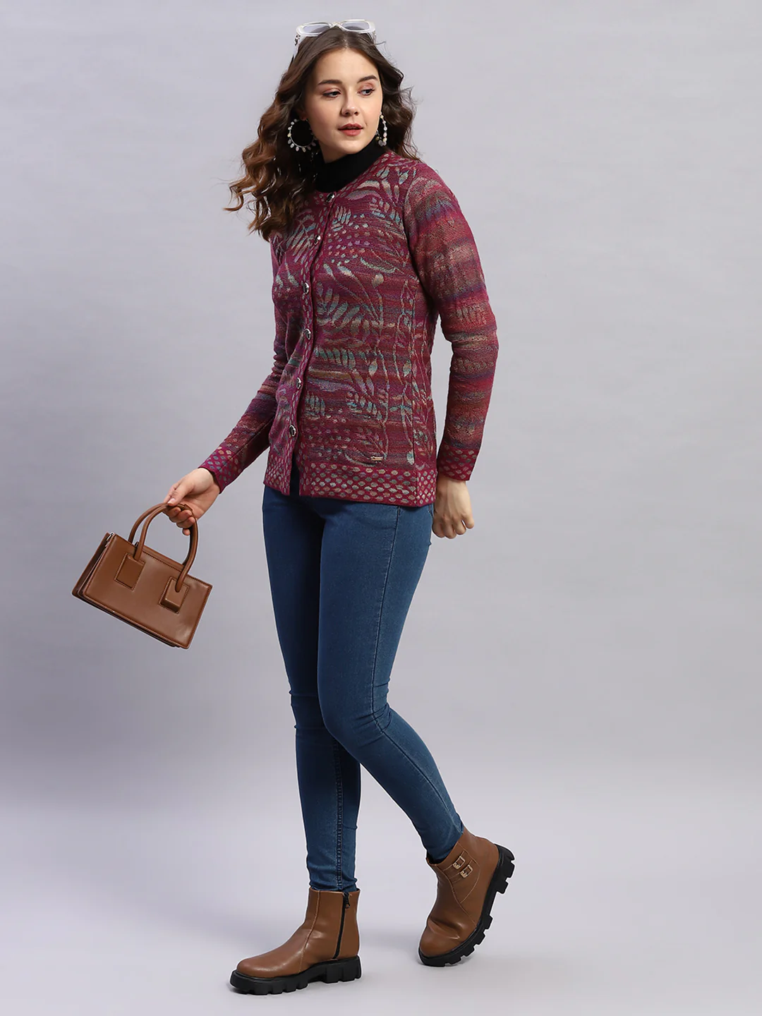 Women Magenta Self Design Round Neck Sleeveless Cardigan - Image 5
