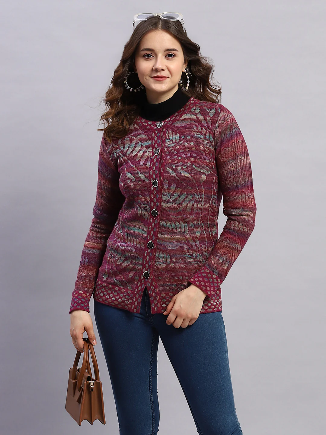 Women Magenta Self Design Round Neck Sleeveless Cardigan - Image 6
