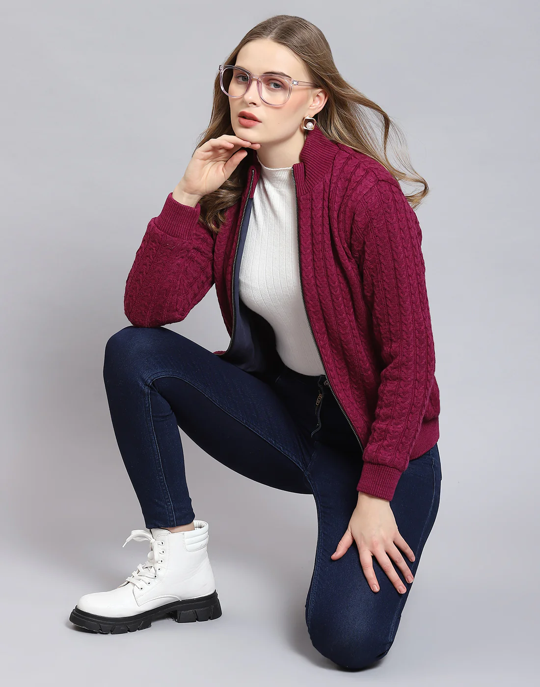 Women Magenta Self Design Stand Collar Full Sleeve Jacket - Image 3