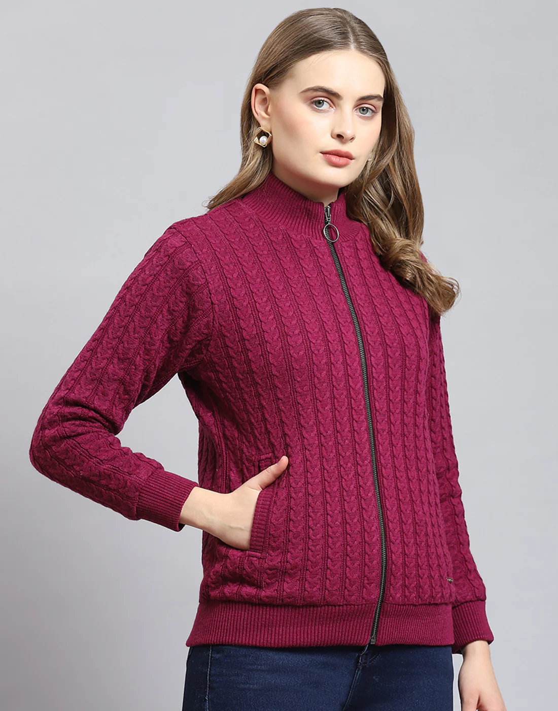 Women Magenta Self Design Stand Collar Full Sleeve Jacket - Image 5
