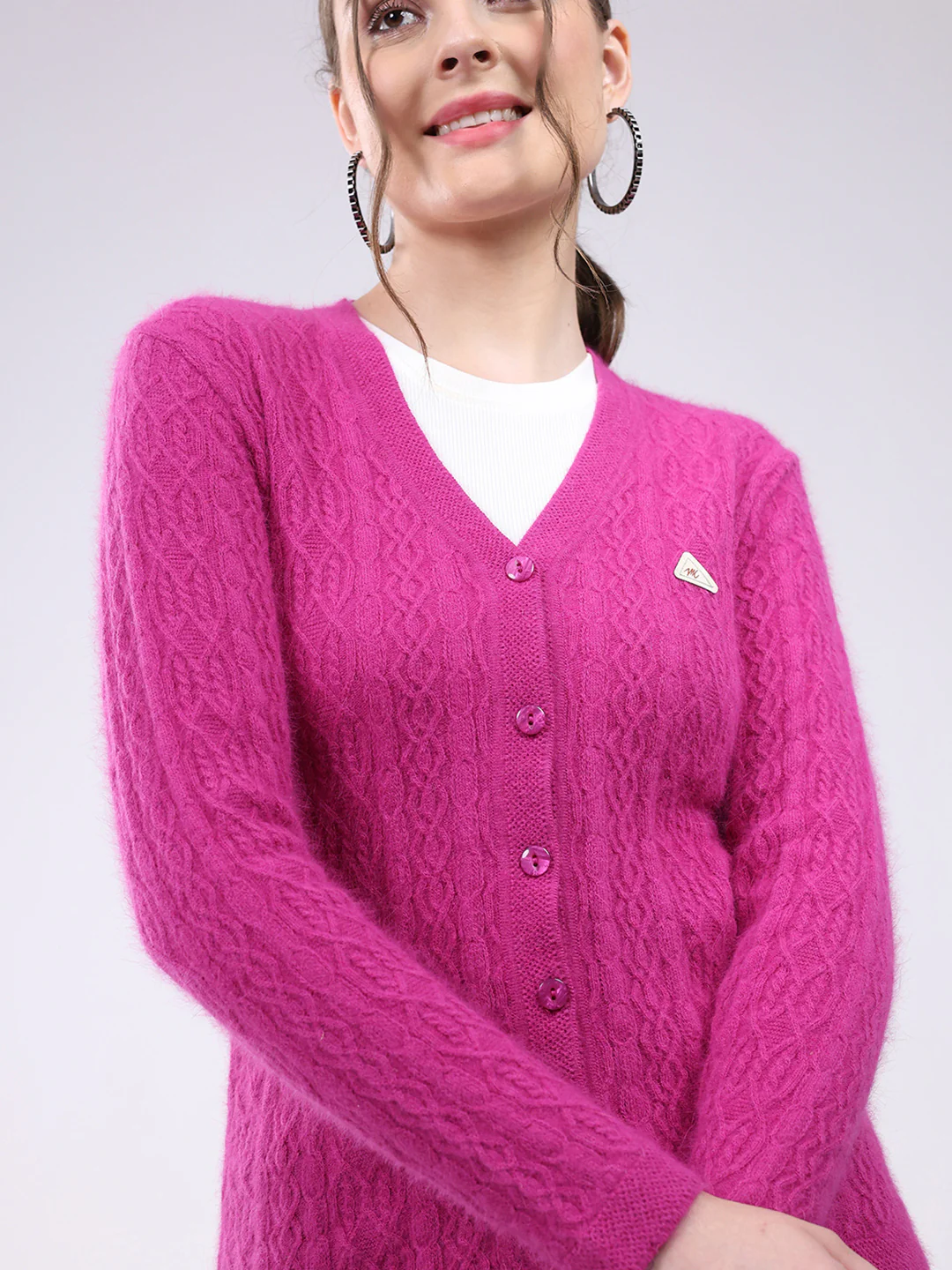 Women Magenta Self Design V Neck Full Sleeve Cardigan - Image 6