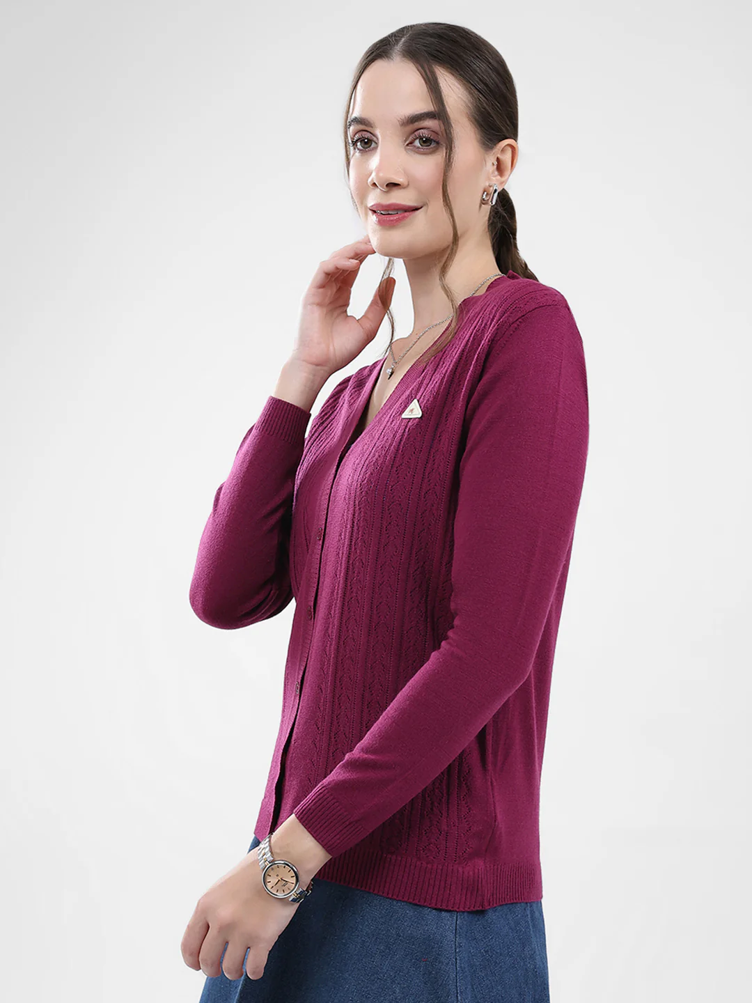 Women Magenta Self Design V Neck Full Sleeve Cardigan - Image 3