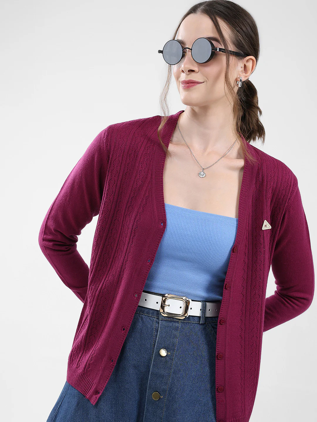Women Magenta Self Design V Neck Full Sleeve Cardigan - Image 6