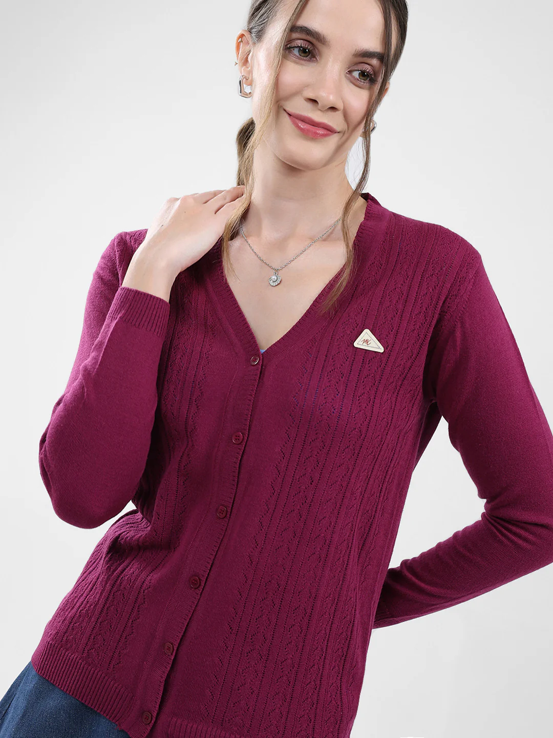 Women Magenta Self Design V Neck Full Sleeve Cardigan - Image 7
