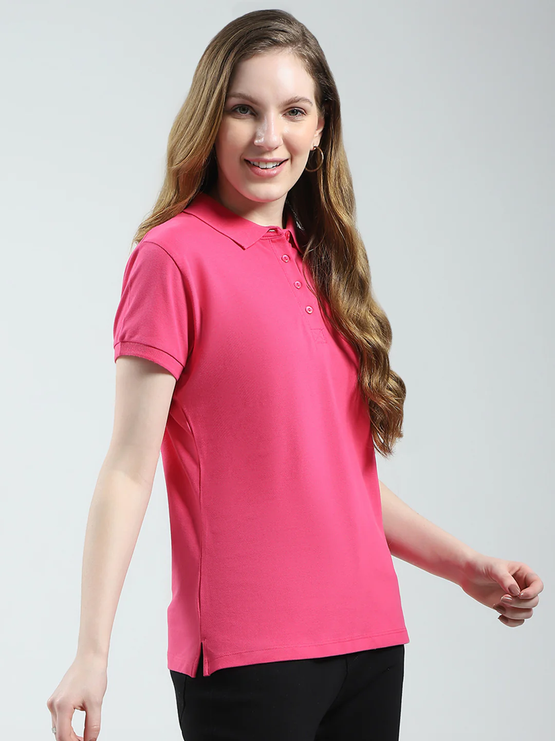 Women Magenta Solid Collar Half Sleeve T-Shirt - Image 4