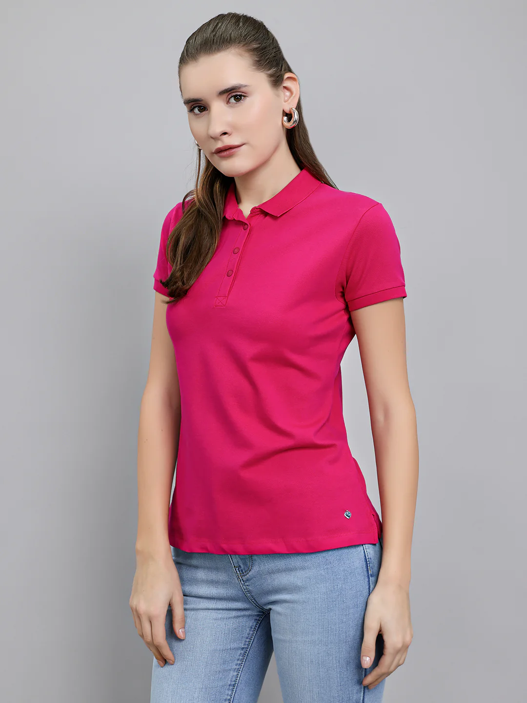 Women Magenta Solid Collar Half Sleeve T-Shirt - Image 2