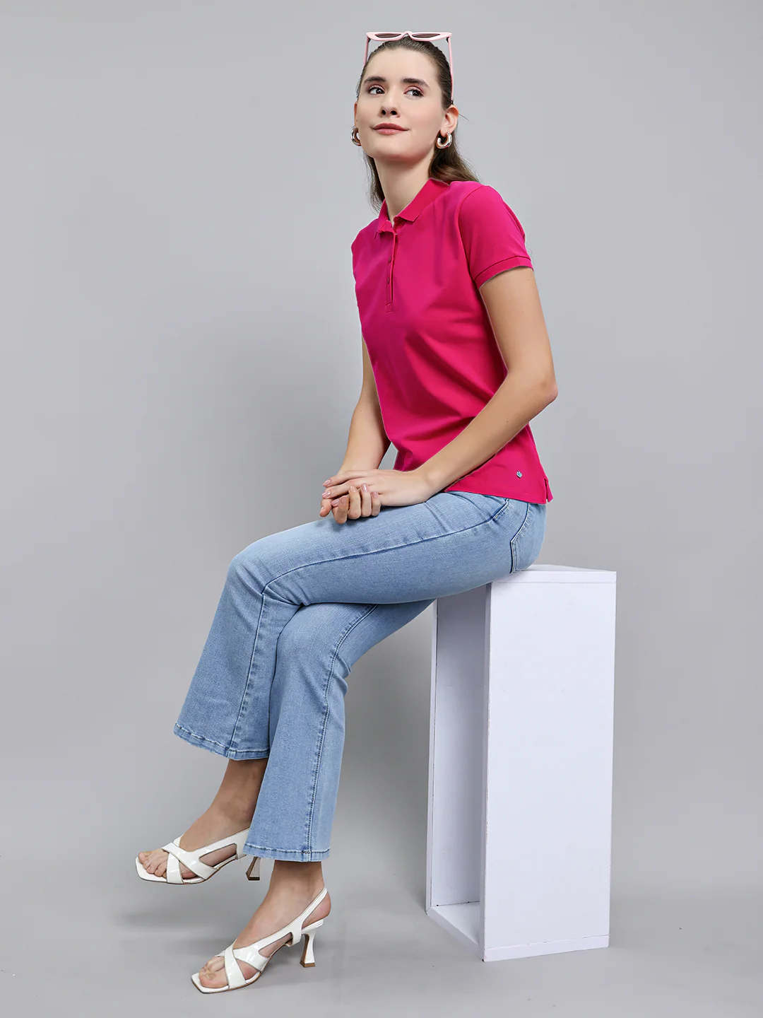 Women Magenta Solid Collar Half Sleeve T-Shirt - Image 6
