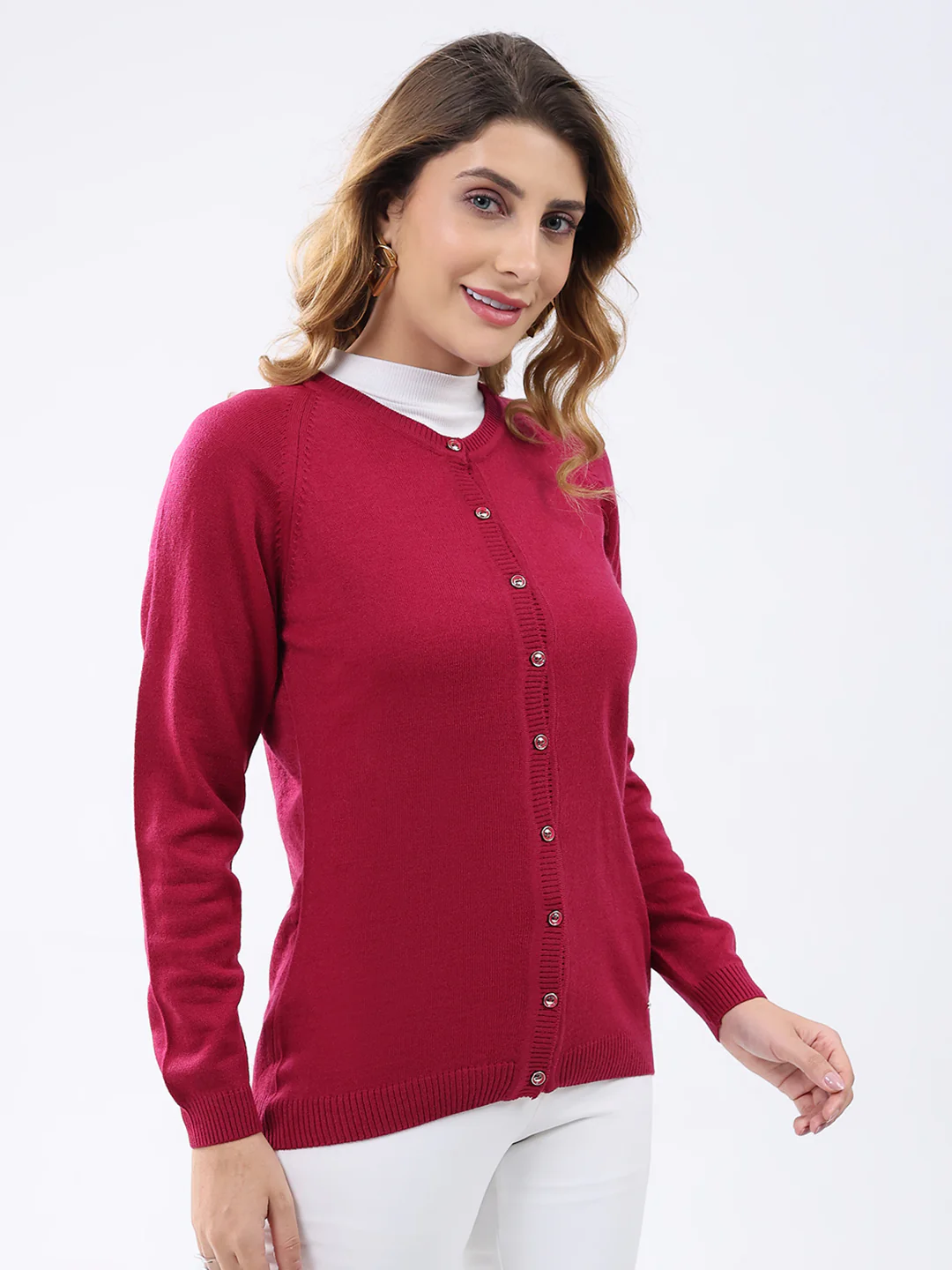 Women Magenta Solid Round Neck Full Sleeve Cardigan - Image 4