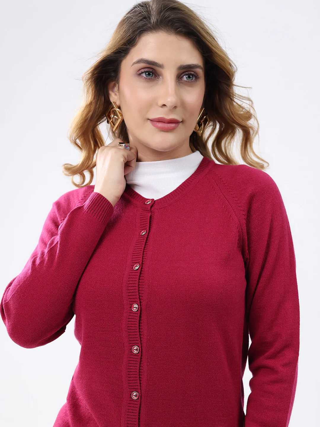 Women Magenta Solid Round Neck Full Sleeve Cardigan - Image 7