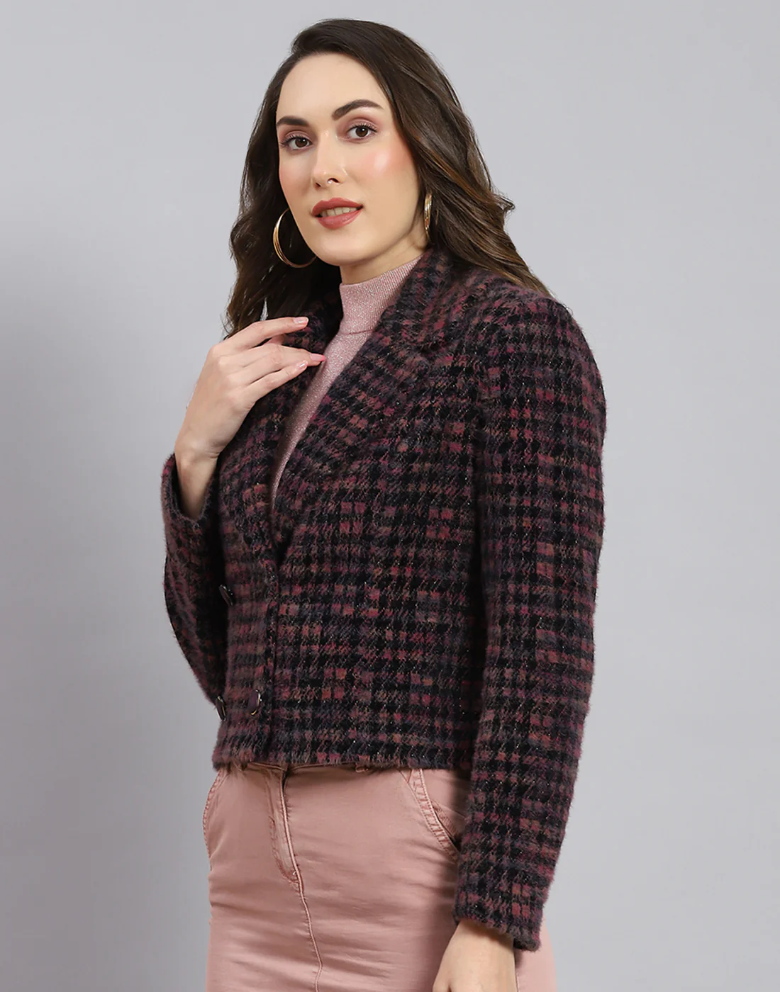 Women Maroon Check Lapel Collar Full Sleeve Coat - Image 3