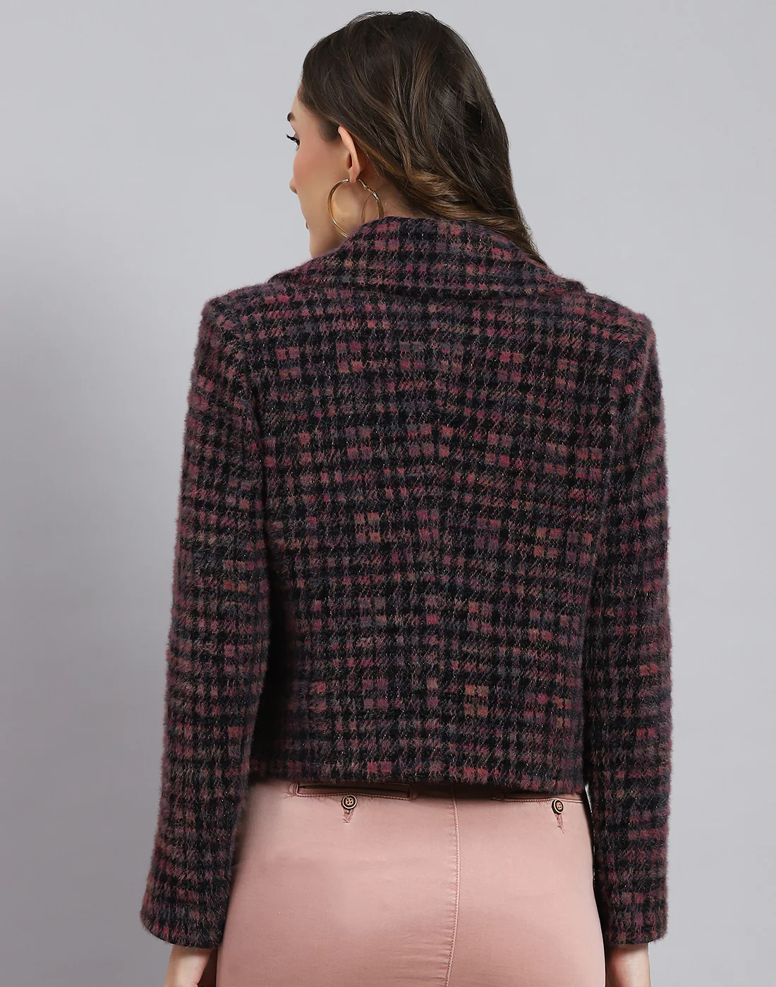 Women Maroon Check Lapel Collar Full Sleeve Coat - Image 6