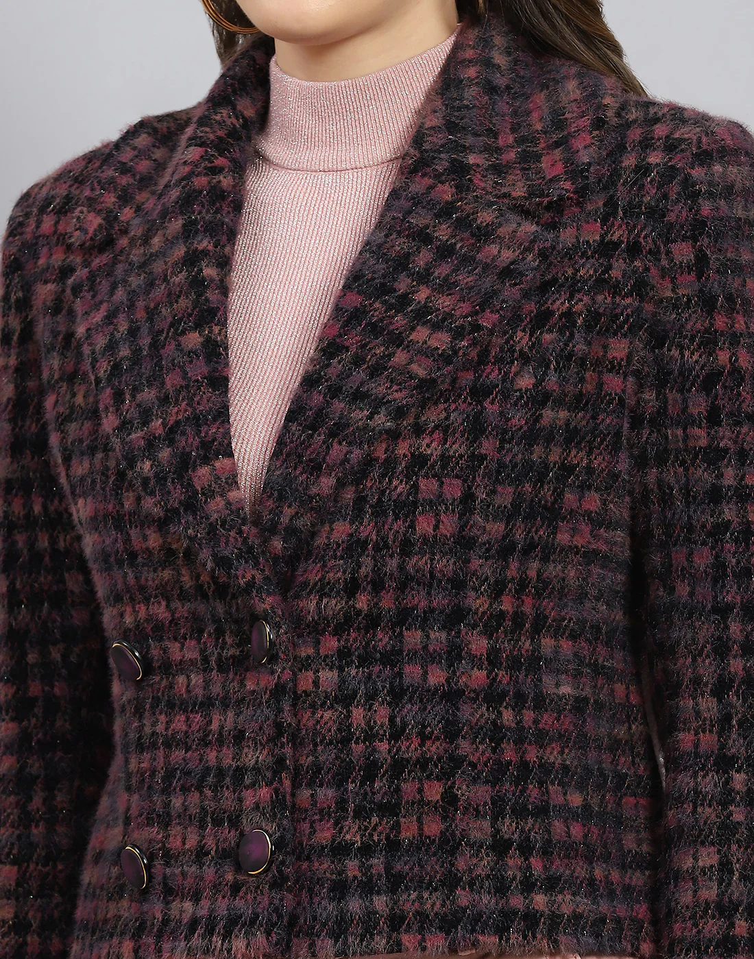 Women Maroon Check Lapel Collar Full Sleeve Coat - Image 7