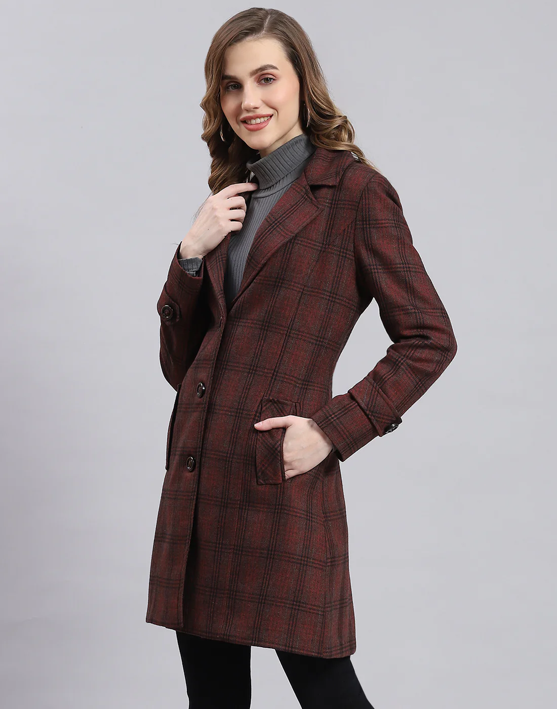 Women Maroon Check Lapel Collar Full Sleeve Coat - Image 3
