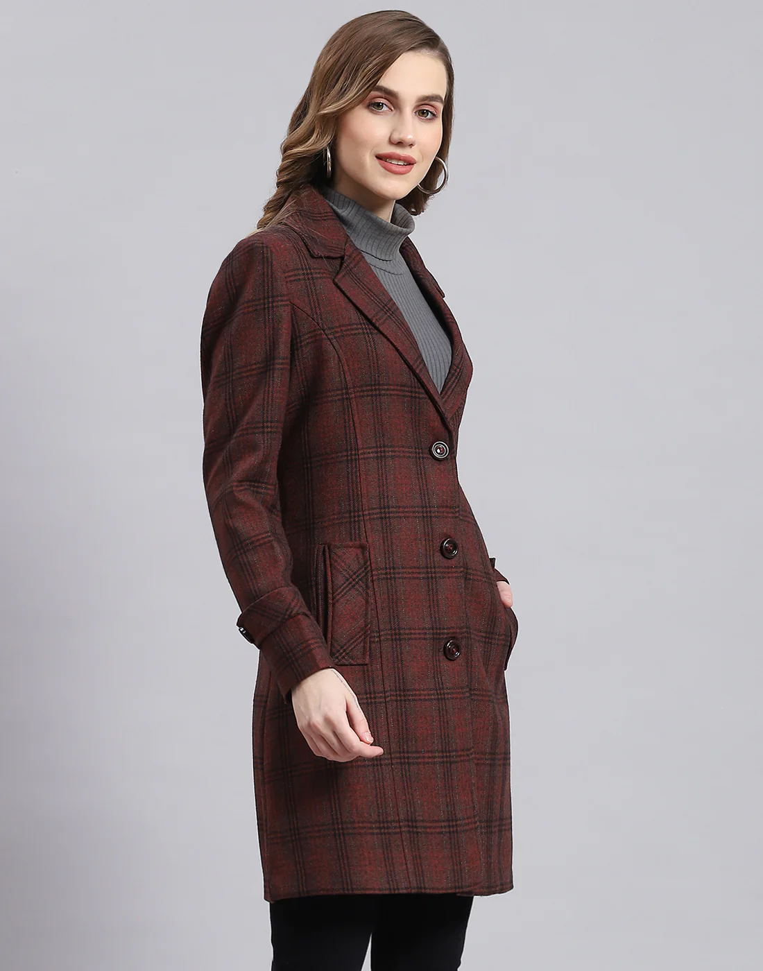 Women Maroon Check Lapel Collar Full Sleeve Coat - Image 4