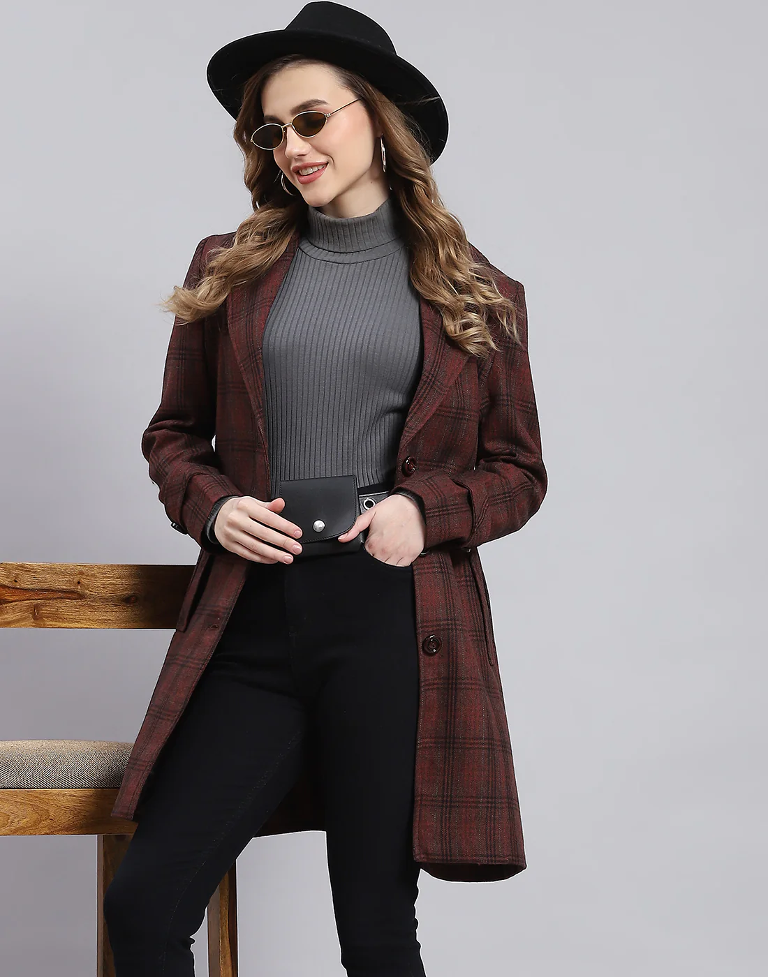 Women Maroon Check Lapel Collar Full Sleeve Coat - Image 6