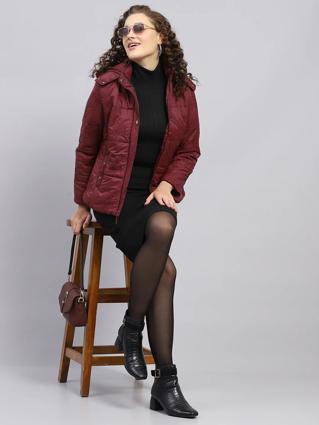 Women Maroon Embroidered Detachable Hood Full Sleeve Jacket - Image 2