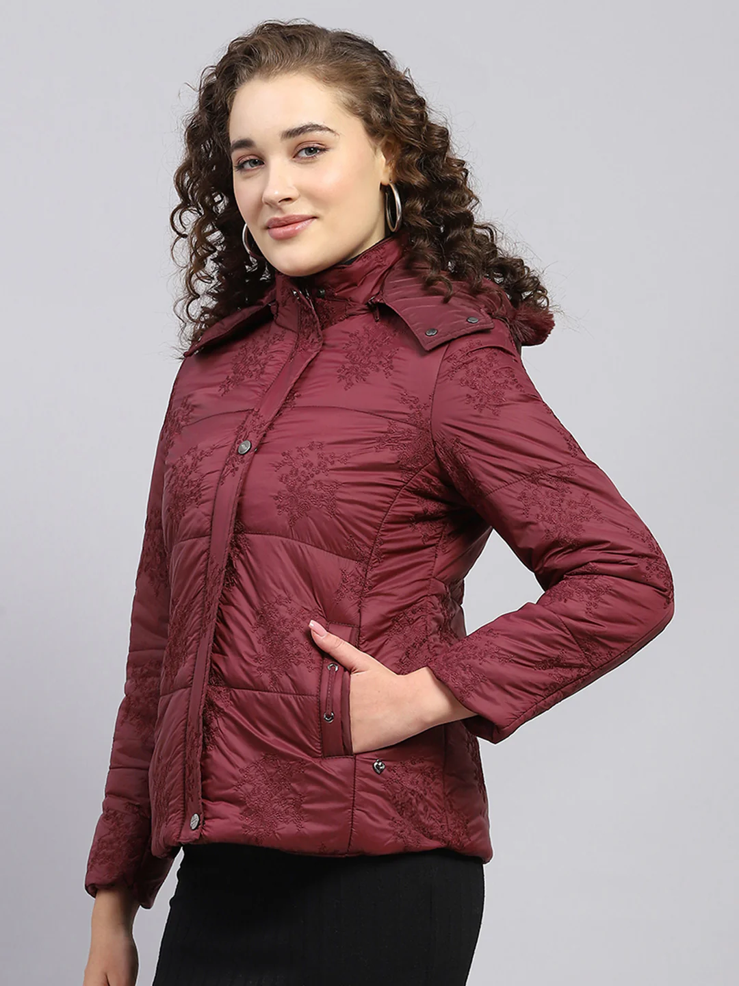 Women Maroon Embroidered Detachable Hood Full Sleeve Jacket - Image 3