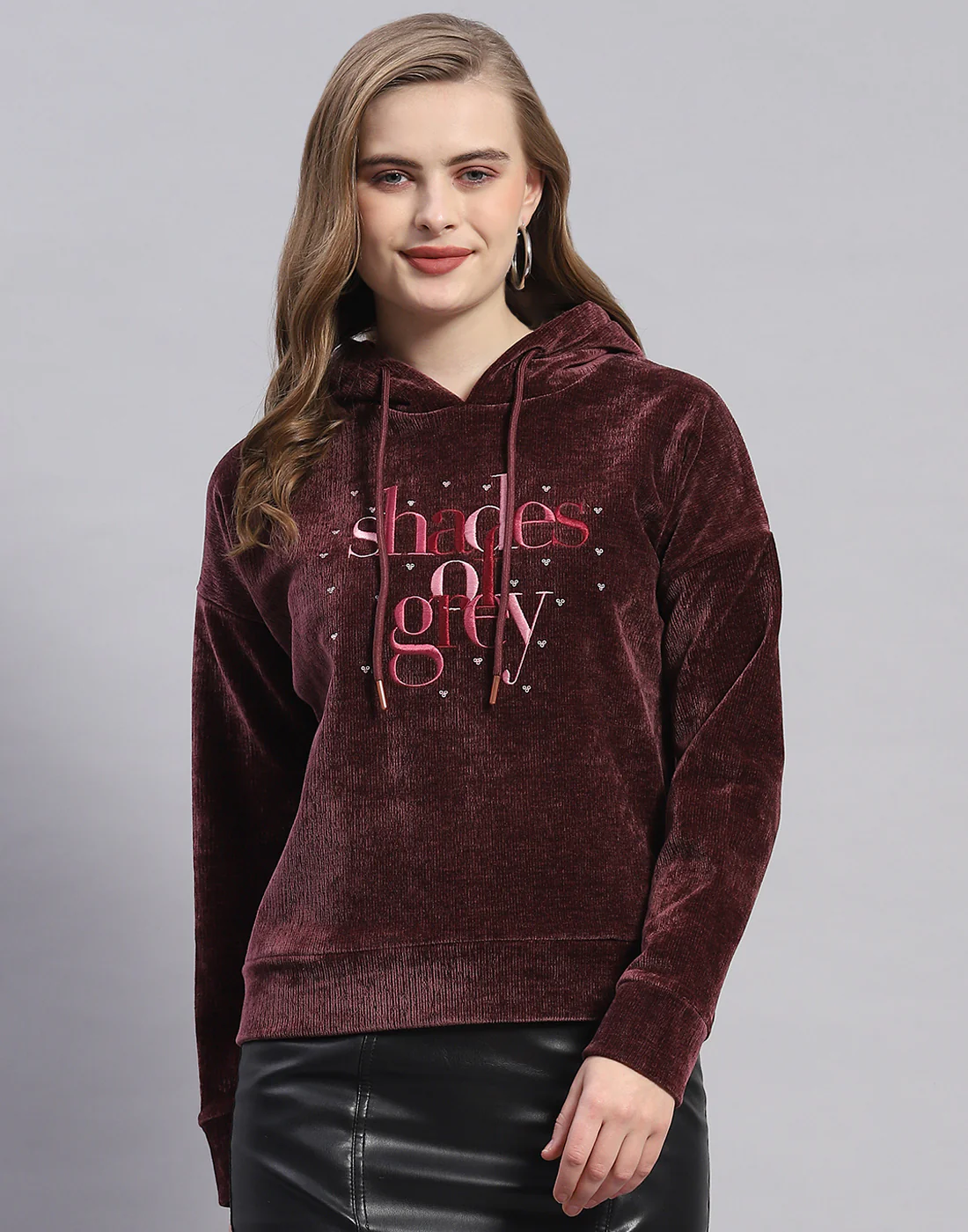 Women Maroon Embroidered Hooded Full Sleeve Sweatshirt - Image 2