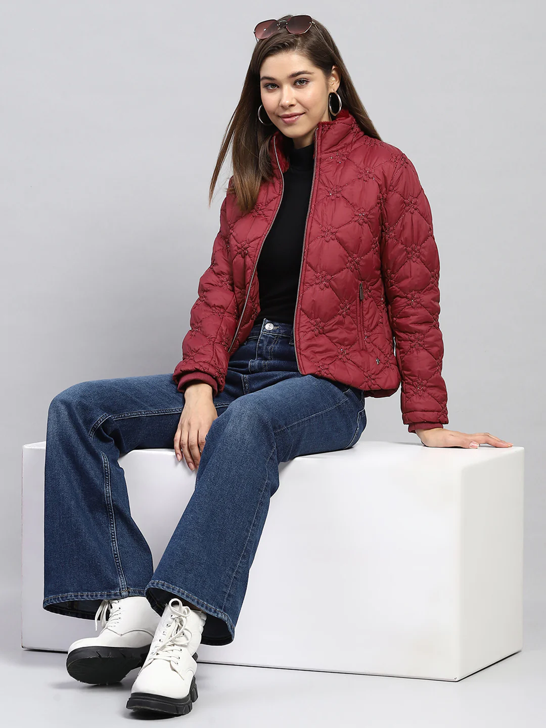Women Maroon Embroidered Mock Neck Full Sleeve Jacket - Image 2
