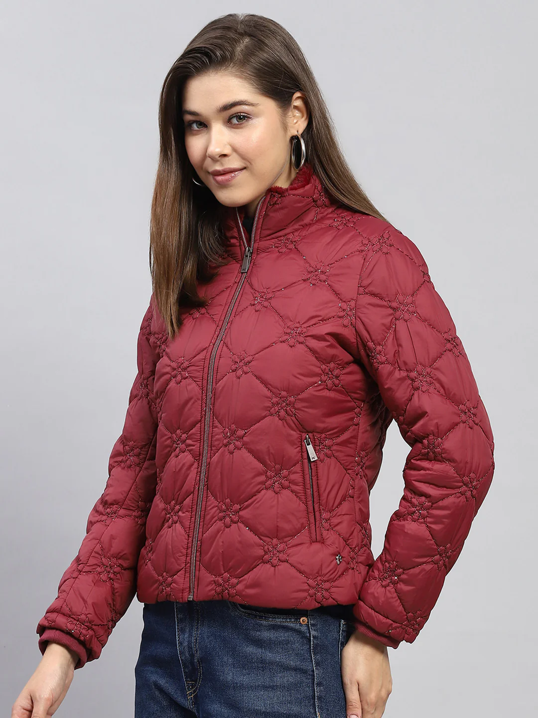 Women Maroon Embroidered Mock Neck Full Sleeve Jacket - Image 3