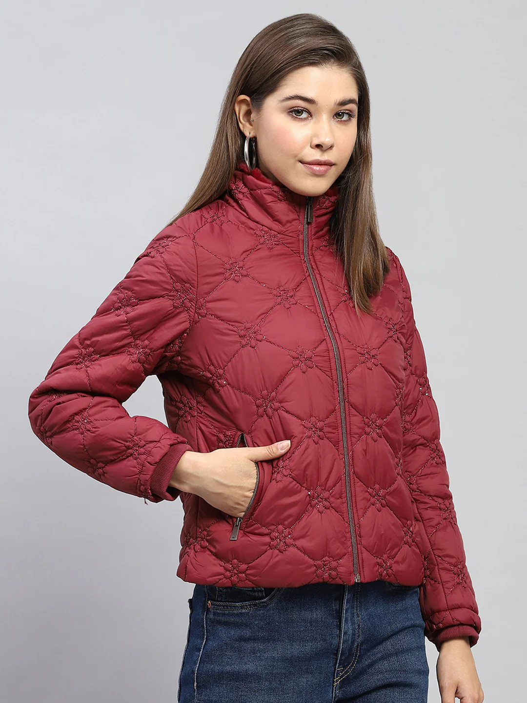 Women Maroon Embroidered Mock Neck Full Sleeve Jacket - Image 4
