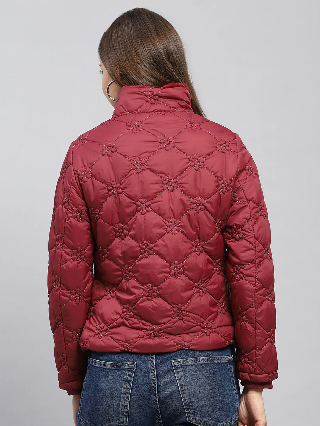 Women Maroon Embroidered Mock Neck Full Sleeve Jacket - Image 5