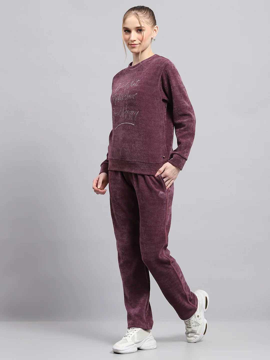 Women Maroon Embroidered Round Neck Full Sleeve Cords Set - Image 3