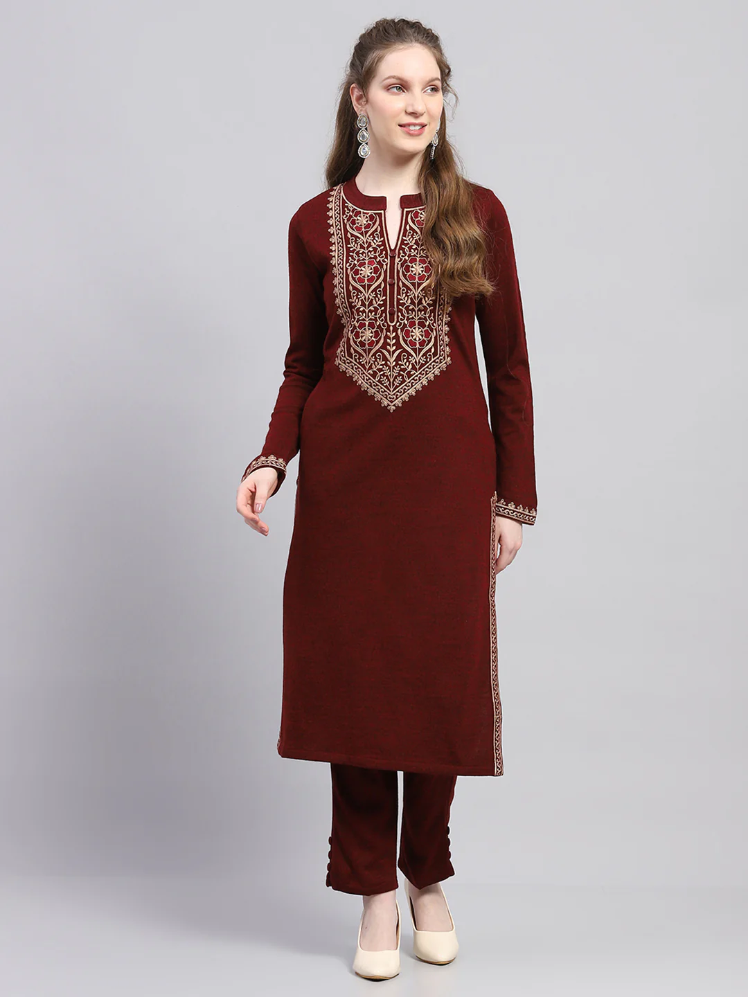 Women Maroon Embroidered Round Neck Full Sleeve Kurti Set for Winter - Image 4