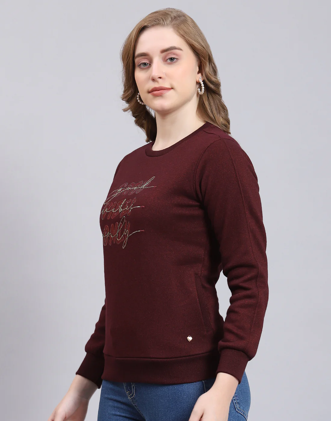 Women Maroon Embroidered Round Neck Full Sleeve Sweatshirt - Image 4
