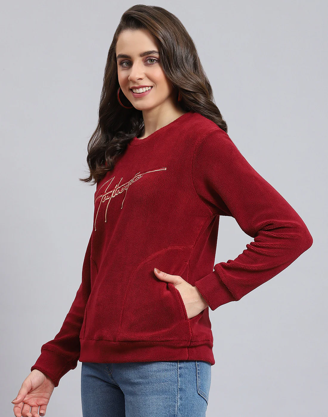 Women Maroon Embroidered Round Neck Full Sleeve Sweatshirt - Image 4