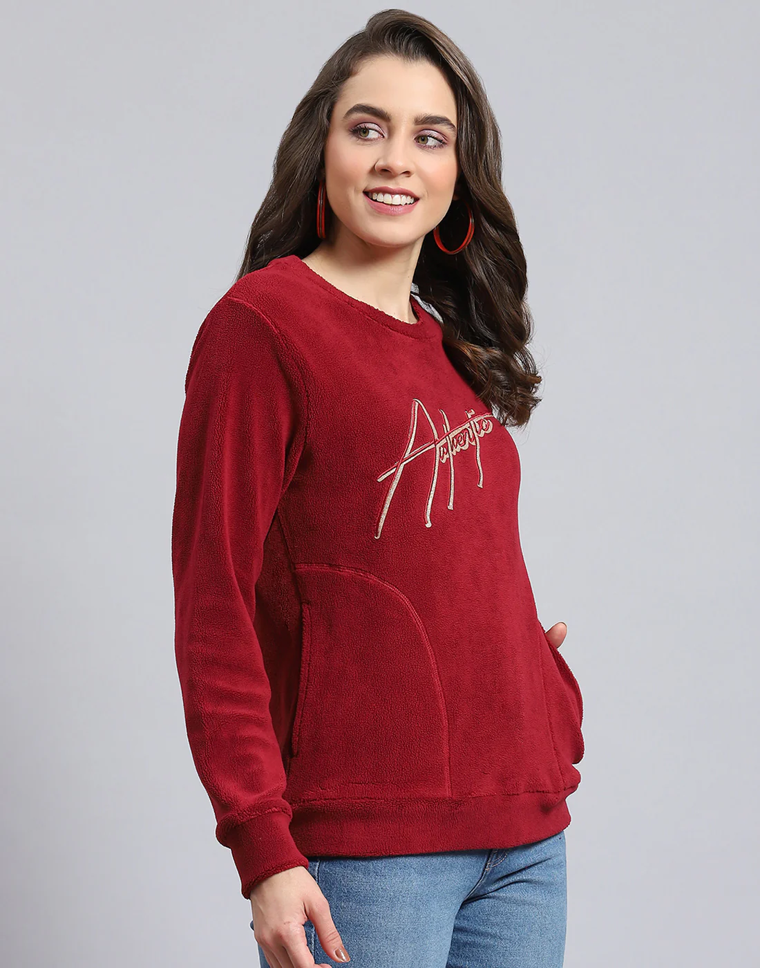 Women Maroon Embroidered Round Neck Full Sleeve Sweatshirt - Image 6