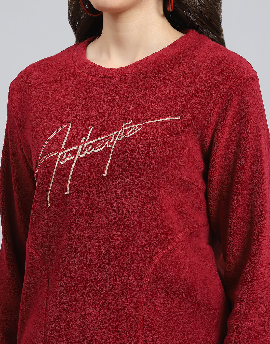 Women Maroon Embroidered Round Neck Full Sleeve Sweatshirt - Image 8