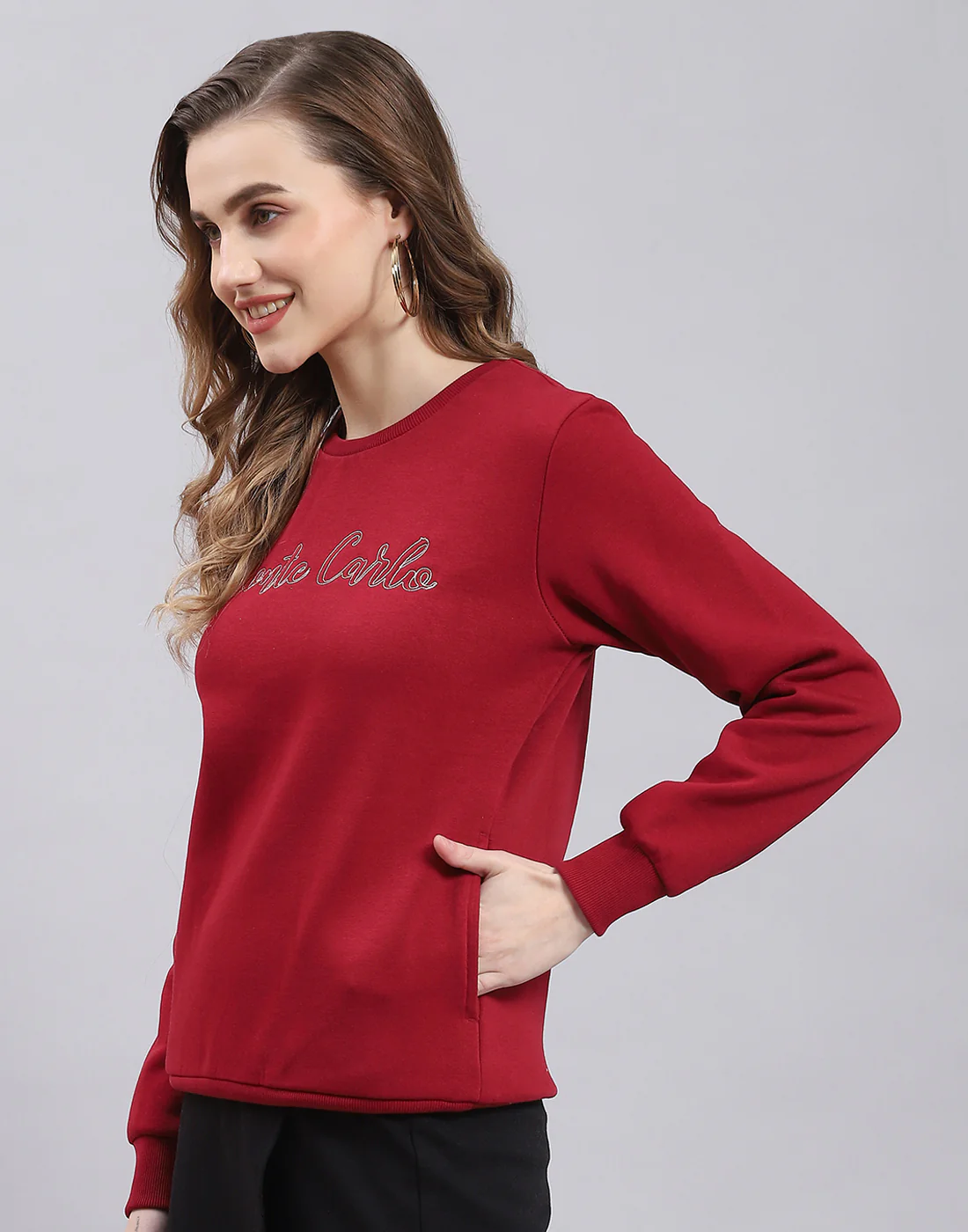 Women Maroon Embroidered Round Neck Full Sleeve Sweatshirt - Image 3