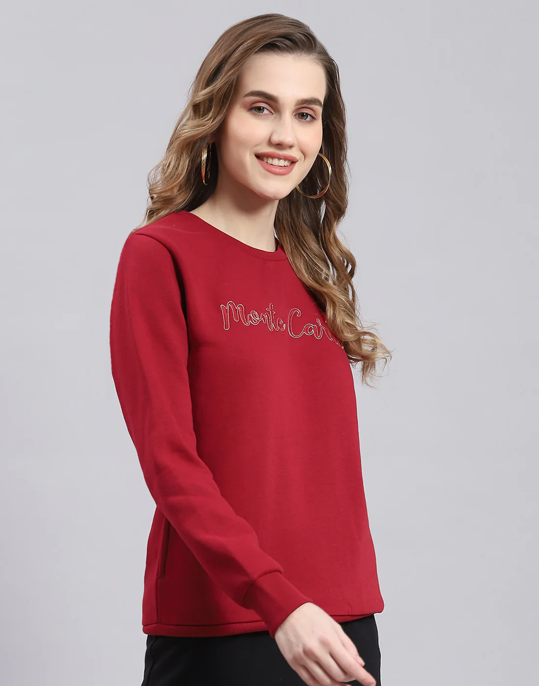 Women Maroon Embroidered Round Neck Full Sleeve Sweatshirt - Image 4