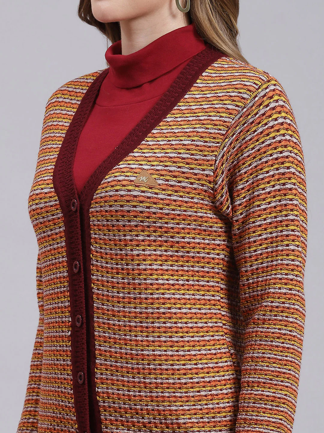 Women Maroon Jaquard Pure wool Cardigan - Image 6