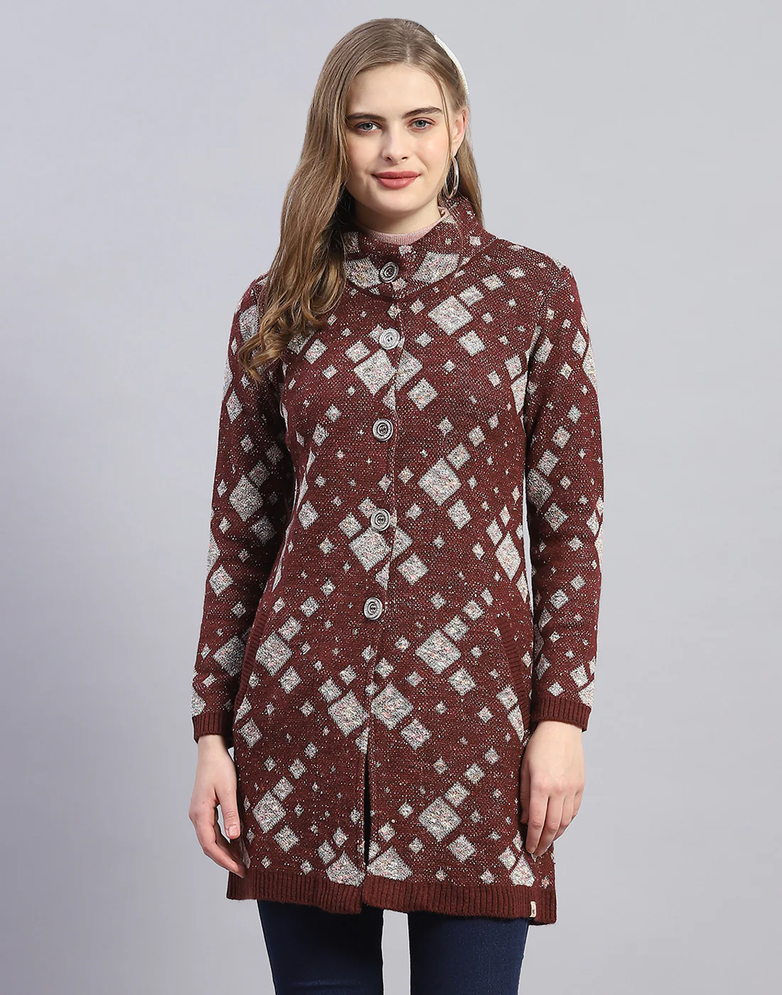 Women Maroon Jaquard Round Neck Full Sleeve Coat - Image 2