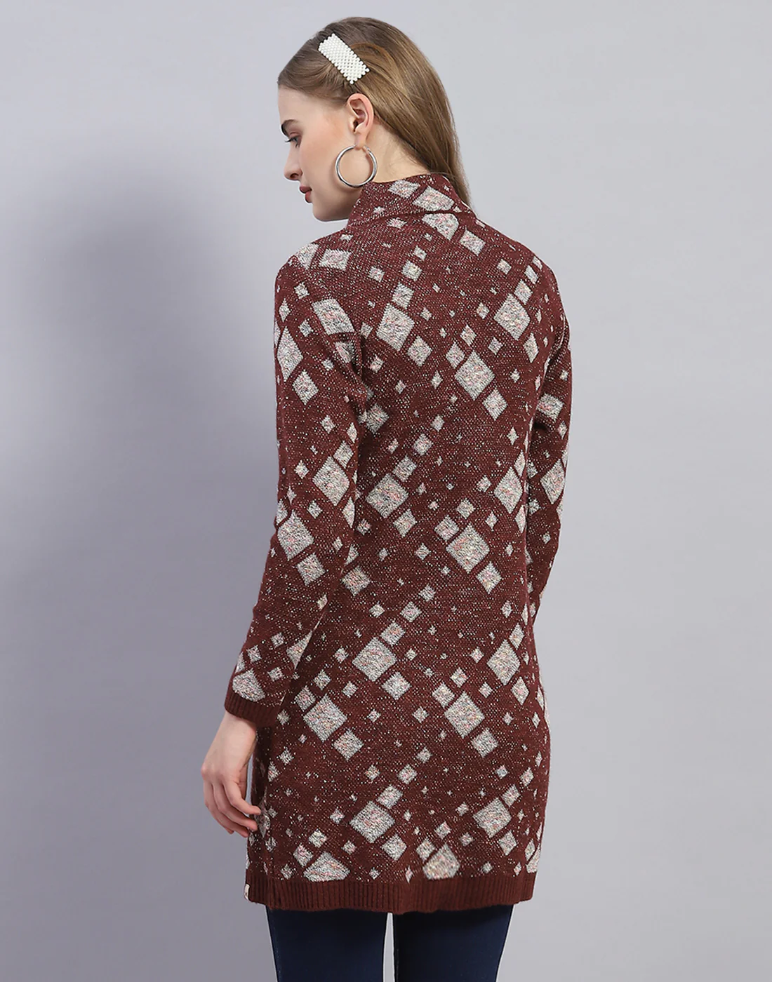 Women Maroon Jaquard Round Neck Full Sleeve Coat - Image 5