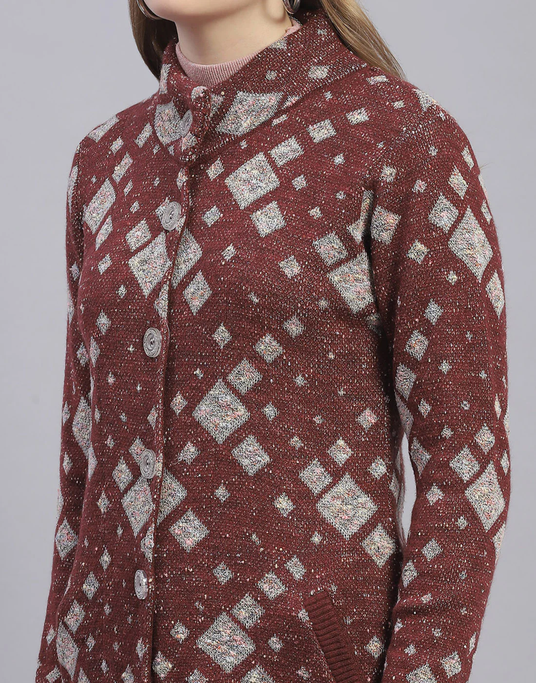 Women Maroon Jaquard Round Neck Full Sleeve Coat - Image 7
