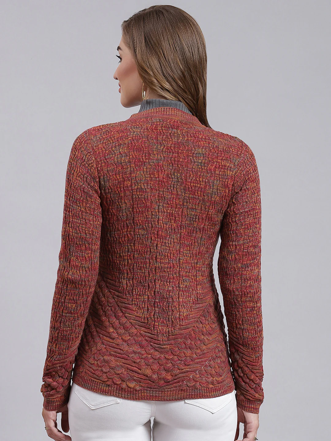 Women Maroon Jaquard Wool blend Cardigan - Image 4
