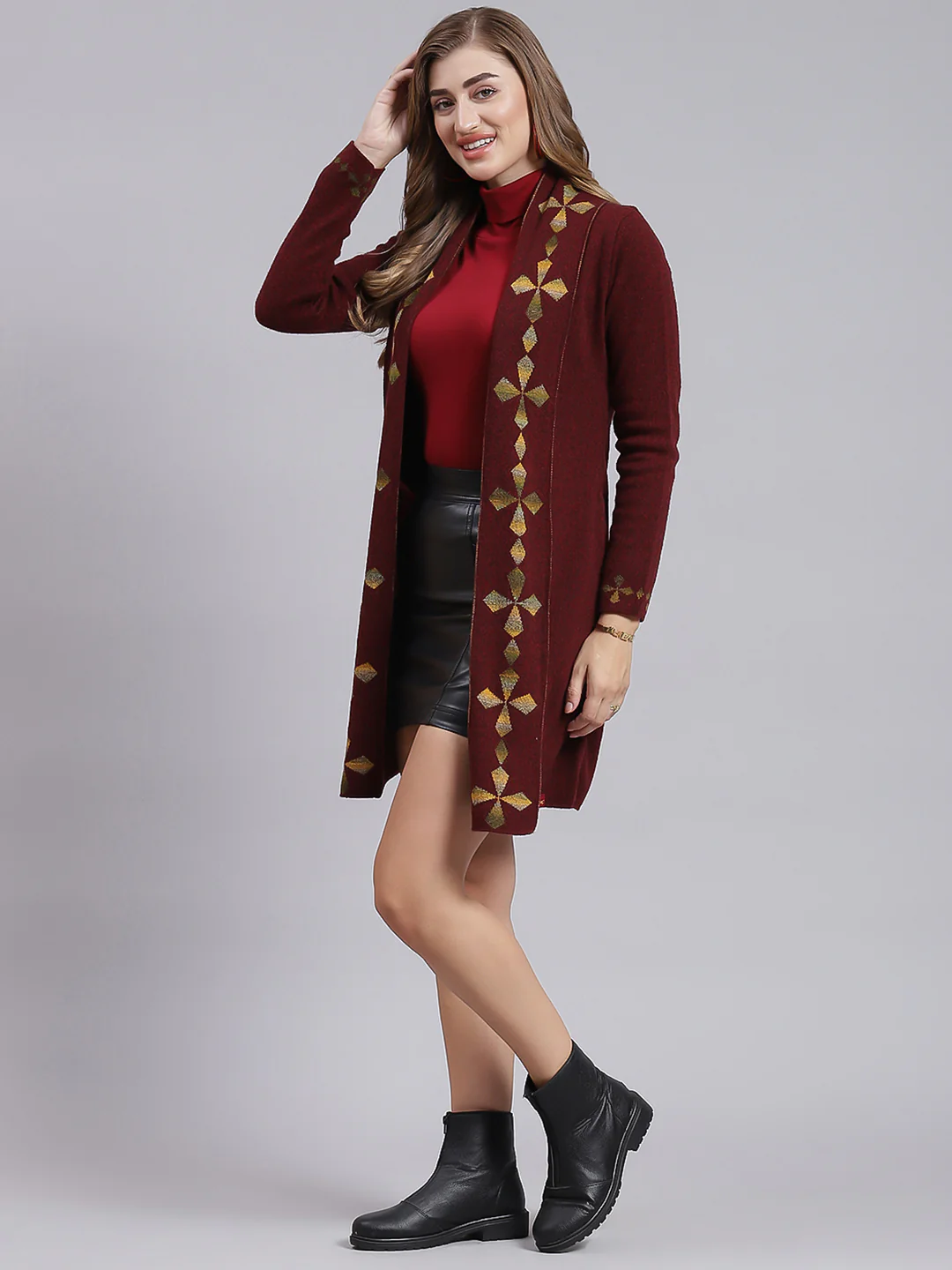 Women Maroon Jaquard Wool blend Cardigan - Image 3