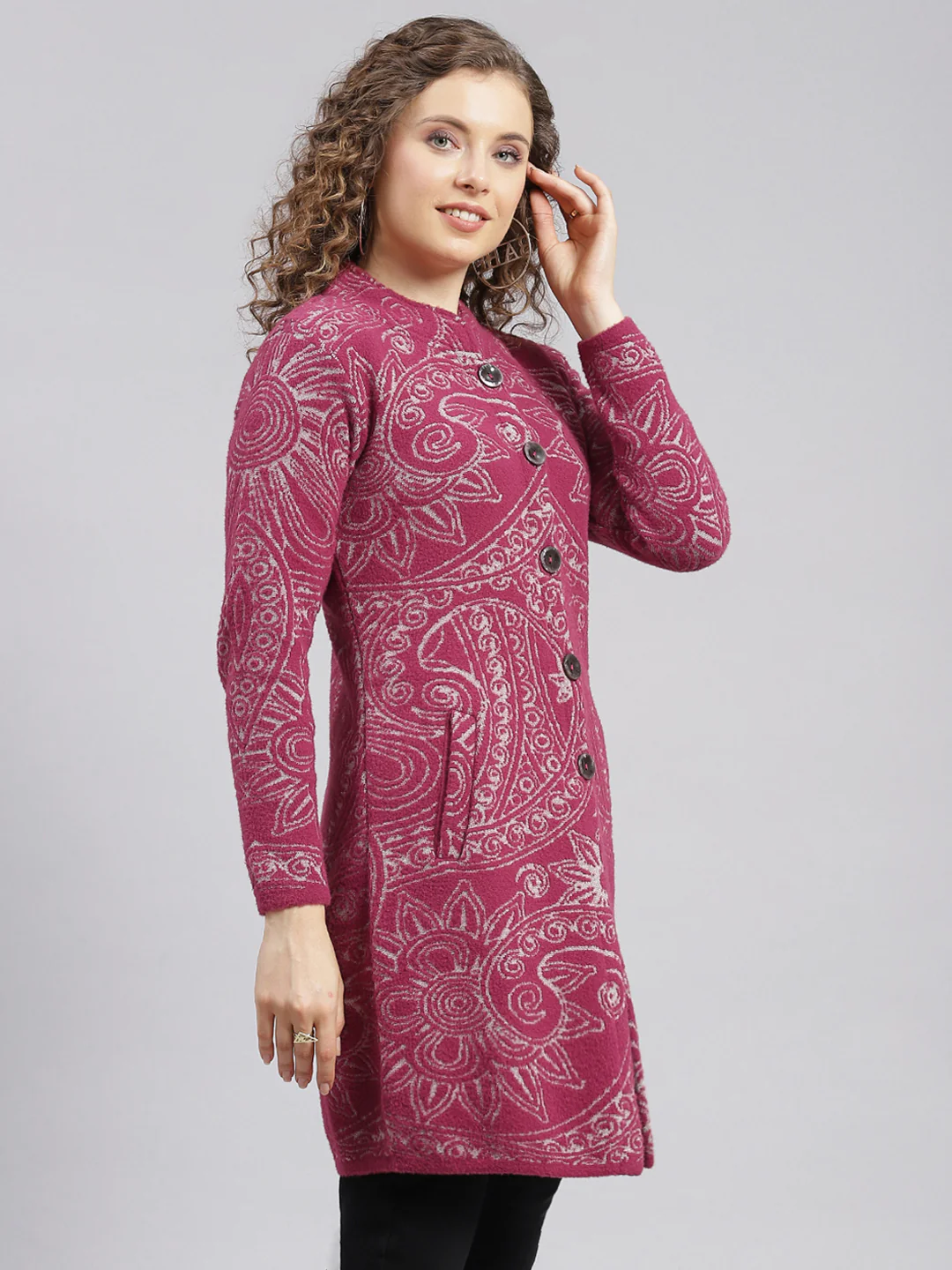 Women Maroon Jaquard Wool blend Knitted Coat - Image 2